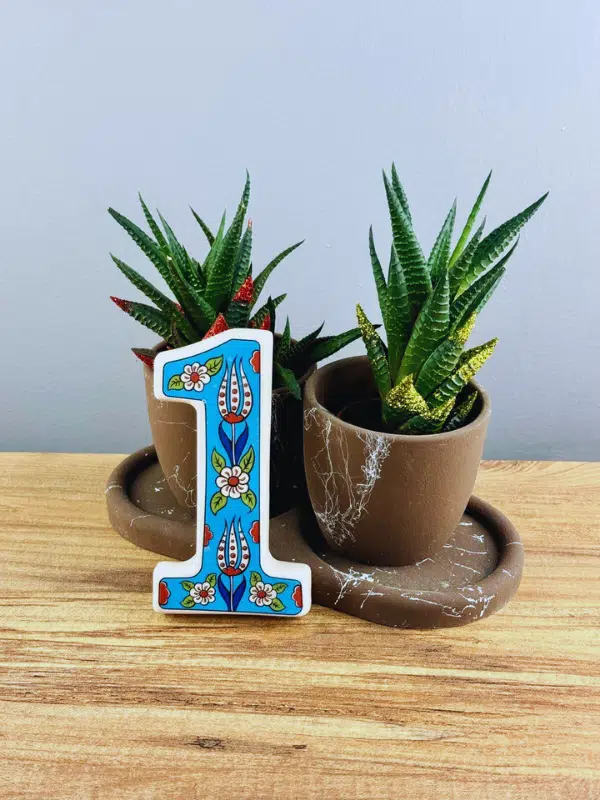 DeepCraft Büyük Boy Lale Desenli Seramik Kapı Numarası, Kişiselleştirilmiş Dekoratif Kapı Numara No.1 - MAVİ