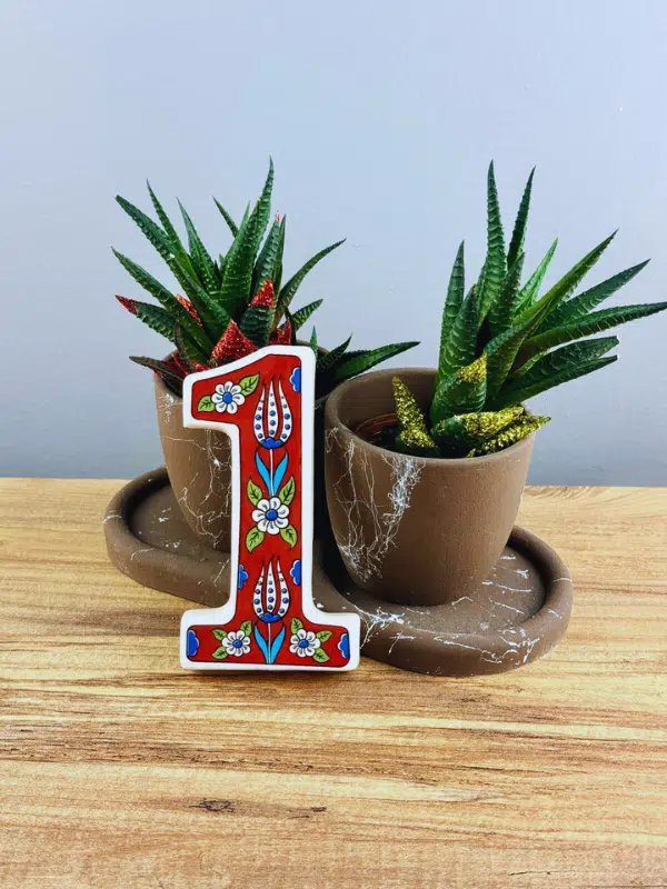 DeepCraft Büyük Boy Lale Desenli Seramik Kapı Numarası, Kişiselleştirilmiş Dekoratif Kapı Numara No.1 - KIRMIZI