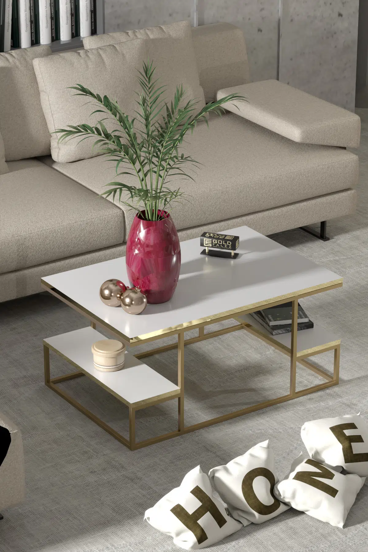 Delux Orta Sehpa Gold Beyaz 90x60 cm