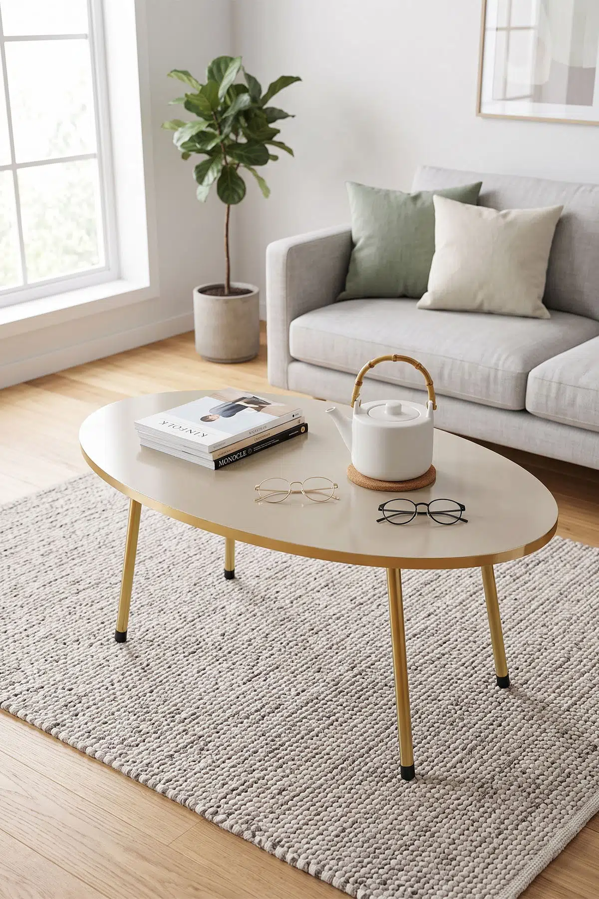 Gold Metal Oval Orta Sehpa Krem